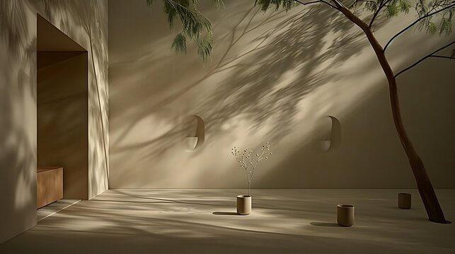 Ethereal tranquility in a minimalist space with tree shadows and natural light play interior