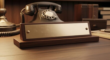 Vintage desk setup featuring a blank nameplate on a wooden desk surface
