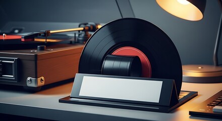 Vintage Vinyl Record on Display with Turntable and Lamp in Dimly Lit Room