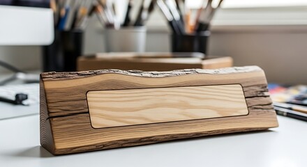 Wooden nameplate on the desk with office supplies for professional identification