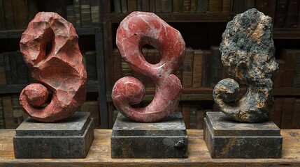 Three Abstract Stone Sculptures on Wooden Shelf