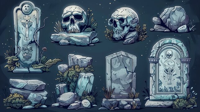 Old, stylized tombstones, skulls, rocks, and weeds displayed on a dark, dusty background