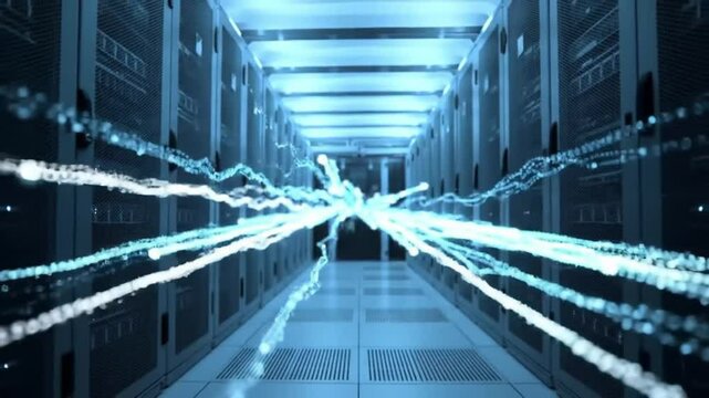 An empty server room corridor, with network cables connecting racks in the well-lit, futuristic hall of an urban business building