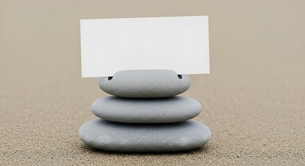 Zen stone with blank card on sand background conveying tranquility and simplicity