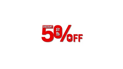 Bold red graphic design announcing discount up to fifty percent off with a white star