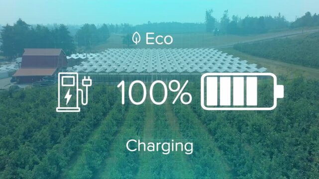 Starting aerial view of solar shed, Eco leaf and battery icons rising, falling illustrating cycle