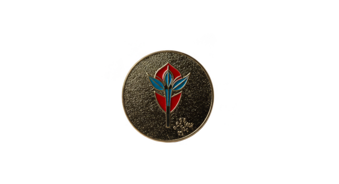 Isolated Round Golden Emblem Logo Design with Red and Blue Elements
