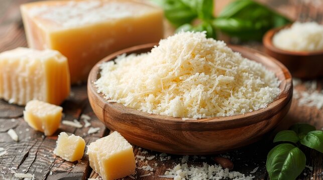 Grated cheese in wooden bowl with basil, rustic wood background, cheese blocks