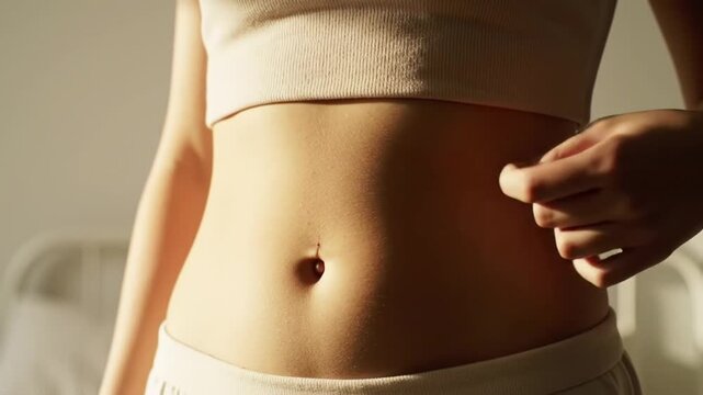 A Woman Touches Her Stomach with Her Fingers, Showing Off Her Slim Waistline and Good Health