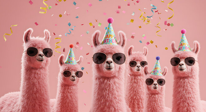 A group of pink llamas celebrating with party hats and sunglasses, confetti falling. - Powered by Adobe