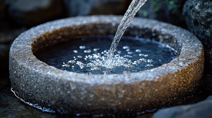 Serene Stone Basin: Water Flowing into Ancient Stone Trough