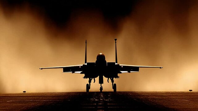 Dramatic silhouette of a fighter jet on the runway preparing for takeoff at sunset or sunrise
