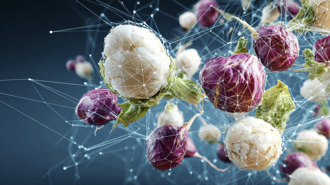 Floating white and purple cabbage heads connected by digital network of lines and nodes, symbolizing food genome codes and bioenhanced produce in futuristic concept