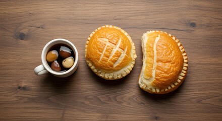 Warm Coffee Cup and Delicious Pastries Ready for Enjoyment on Wooden Surface