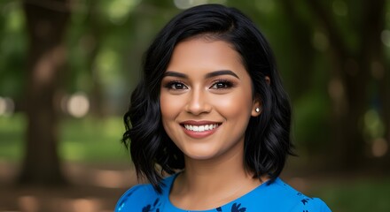 Smiling young professional woman with dark hair and a friendly expression in a bright blue dress outdoors