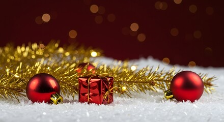 Festive Christmas Ornaments and Gift Box on Snowy Ground with Golden Lights Creating a Warm Holiday Atmosphere