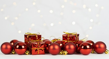 Festive Red Christmas Gifts and Ornaments with Twinkling Lights Isolated on White Background