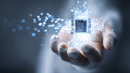 Hand holding glowing microchip with digital light effects symbolizing technology and innovation in electronics and computing, creating futuristic and dynamic visual impact