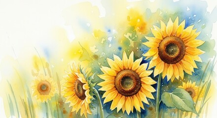 Obraz premium Vibrant watercolor painting of sunflowers in a field