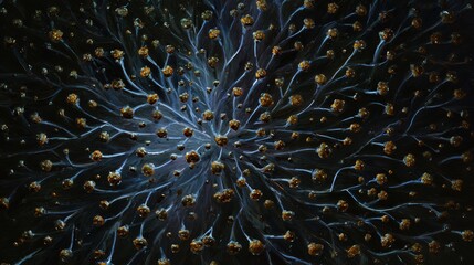 Abstract swirling pattern with interconnected nodes on a dark background, resembling a neural network or cosmic web.