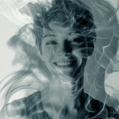 A smiling woman surrounded by ethereal smoke-like wisps creates a dreamy, surreal portrait with soft lighting and delicate textures.