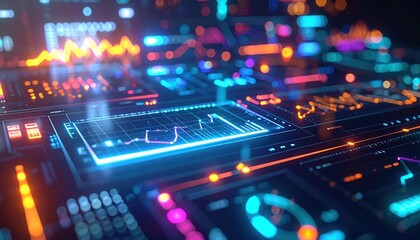 Obraz premium Highly detailed futuristic digital control panel with holographic interfaces illuminated by vibrant neon lights and dynamic data visualizations for technology concept