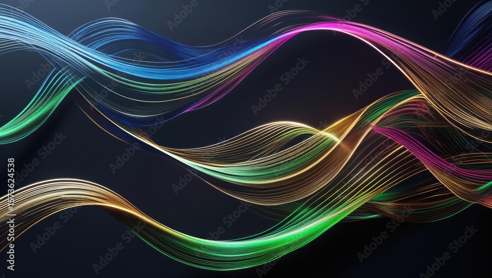 Poster vibrant abstract flowing lines in various colors with dynamic movement and smooth curves creating a 