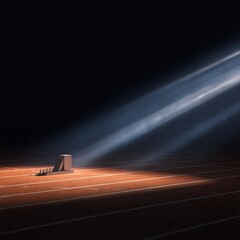 A starting block on a running track illuminated by focused beams of light in an otherwise dark environment.