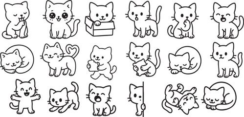 Cute Cartoon Cat Set in Poses Simple Black and White Line Art for Kids Coloring Book | Generative AI