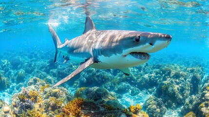 Fototapeta premium Great white shark swims over coral reef, visible teeth, sunlight through water