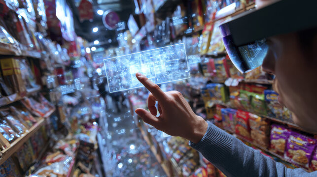 Person using augmented reality interface to compare prices in products in grocery store aisle, exploring futuristic technology with digital holograms and virtual data
