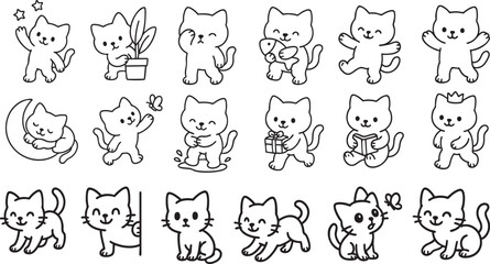 Cute Cartoon Cat Set in Poses Simple Black and White Line Art for Kids Coloring Book | Generative AI