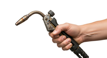 A hand holding a welding torch against a black background in a close up studio shot for industrial work