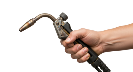 A hand holding a welding torch against a black background in a close up studio shot for industrial work