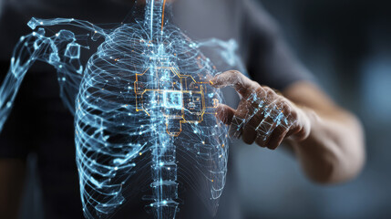Futuristic digital human ribcage and spine hologram with hand interacting, symbolizing advanced medical technology and health scanning. glowing blue and orange interface creates high tech