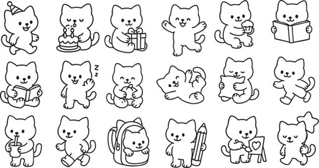 Cute Cartoon Cat Set in Poses Simple Black and White Line Art for Kids Coloring Book | Generative AI