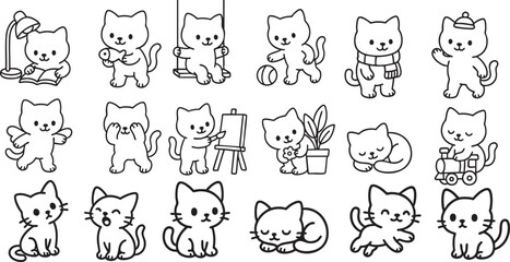 Cute Cartoon Cat Set in Poses Simple Black and White Line Art for Kids Coloring Book | Generative AI