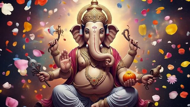 Animated devotional scene featuring Lord Ganesha and a cascade of bright falling petals background