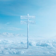 A frozen, icy signpost stands in a vast, snow-covered landscape under a clear blue sky, surrounded by ice and distant snowy mountains.