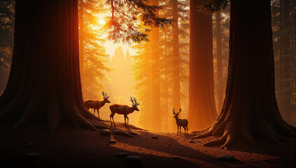 A peaceful forest scene at golden hour captures a majestic group of deer silhouettes bathed in glowing forest light. Surrounded by towering trees and ethereal sunlight, this tranquil forest moment.
