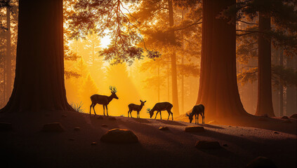A peaceful forest scene at golden hour captures a majestic group of deer silhouettes bathed in glowing forest light. Surrounded by towering trees and ethereal sunlight, this tranquil forest moment.