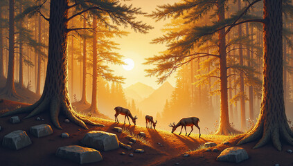 A peaceful forest scene at golden hour captures a majestic group of deer silhouettes bathed in glowing forest light. Surrounded by towering trees and ethereal sunlight, this tranquil forest moment.