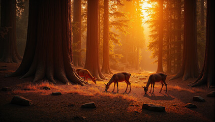 A peaceful forest scene at golden hour captures a majestic group of deer silhouettes bathed in glowing forest light. Surrounded by towering trees and ethereal sunlight, this tranquil forest moment.