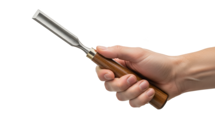 A hand holding a chisel with a wooden handle against a black background in a studio setting image