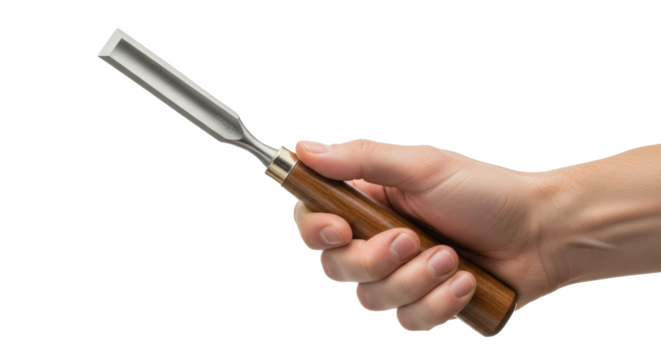 A hand holding a chisel with a wooden handle against a black background in a studio setting image