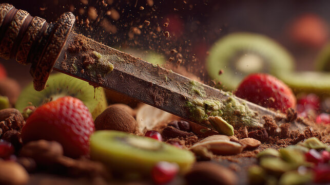Cross contamination in proper food handling concept. A creative display of fruits and nuts alongside an artistic sword.