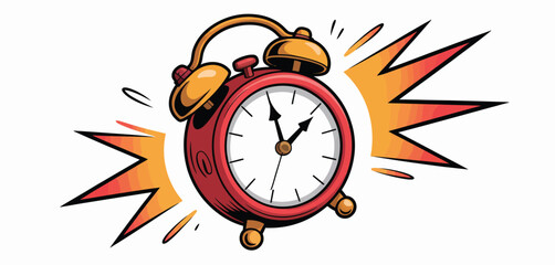 Retro alarm clock rings loudly with colorful comic book style explosion effect