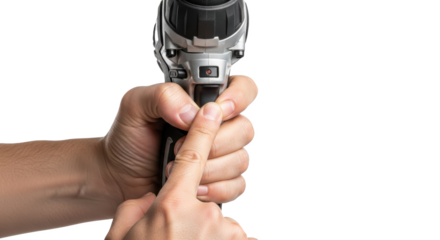 A close up shot of a hand holding a power drill with a black background in a studio setting