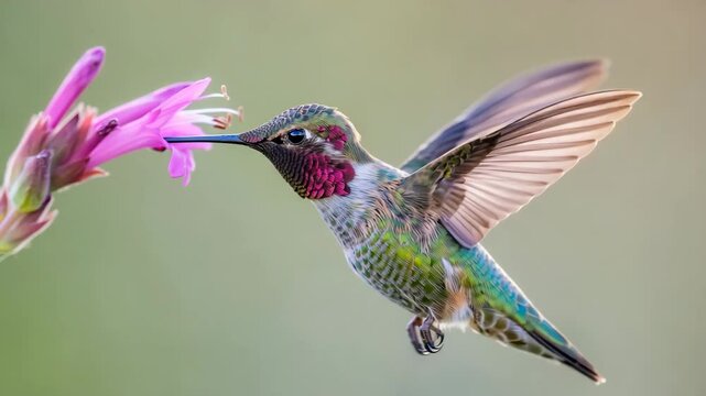 Colorful hummingbird in flight feeding on a vibrant pink flower