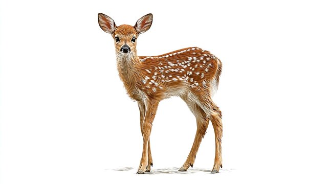 A charming fawn with spotted fur stands gracefully, its gaze fixed forward against a white backdrop